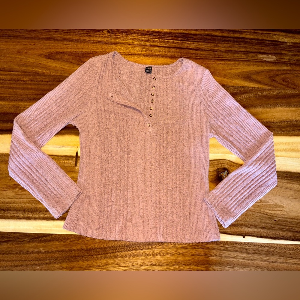 SHEIN Pink Ribbed 1/4 Buttoned Blouse